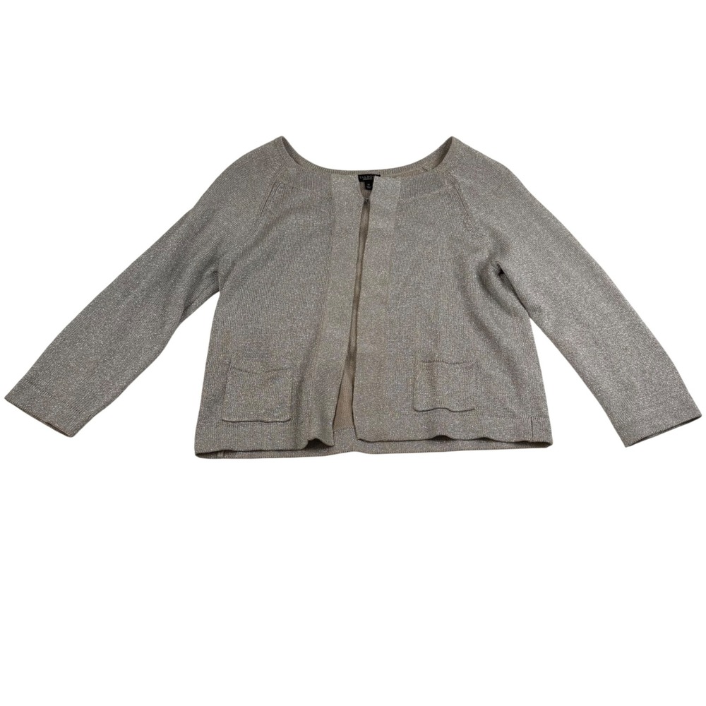 Talbots Womens Metallic Silver Linen Blend Open Front‎ Cardigan Sweater Medium